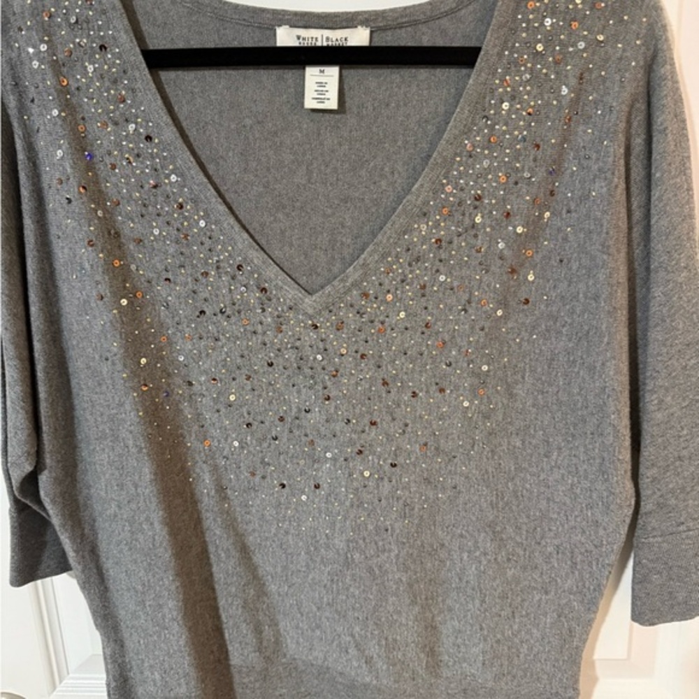 White House Black Market Gray Embellished V-Neck Top